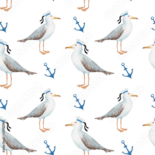 seamless pattern watercolor in marine style bird gull on white background with anchor