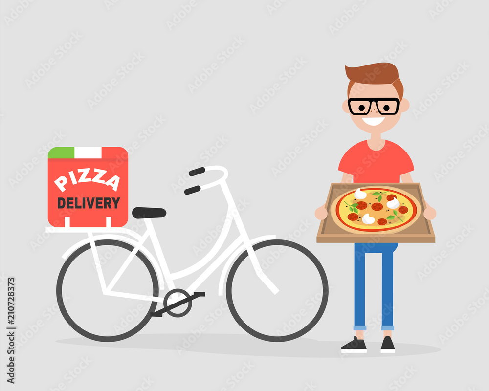 Pizza delivery service. Young courier holding the box with Margarita. Bike. Flat editable vector illustration, clip art