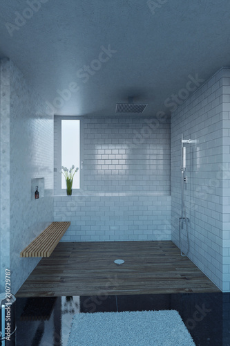 3d rendering of shower tray with white tiles and wooden bench