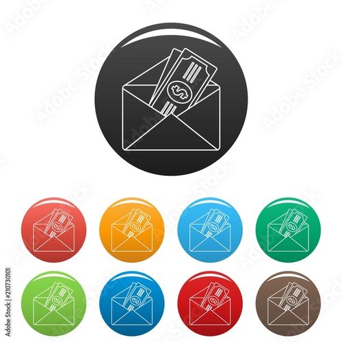 Money in envelope icon. Outline illustration of money in envelope vector icons set color isolated on white