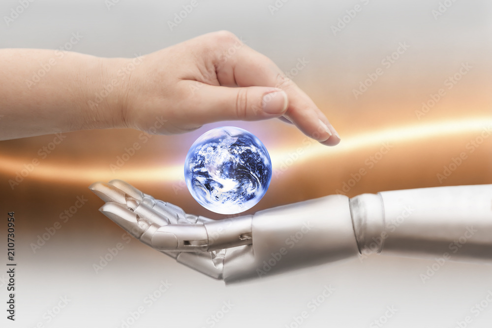 Menschliche Hand und Roboter Hand halten die Erdkugel - obrazy, fototapety, plakaty 