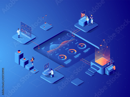 People interacting with charts and analysing statistics. Data visualisation concept. 3d isometric illustration.