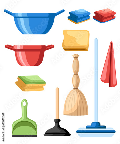 Cleaning set objects. Plastic dustpan and bowl. Mop, plunger and rags. Flat design style. Vector illustration isolated on white background