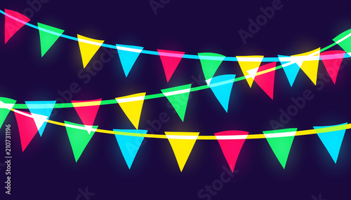 Vector neon glowing pary flags of different vivid colors. Red, blue, green and yellow triangular papers hanging on a colored ropes. Trendy overlay style.