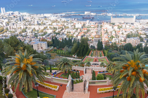 Panoramic beautiful view of Bahai Gardens. Haifa, Israel.  cityscape.