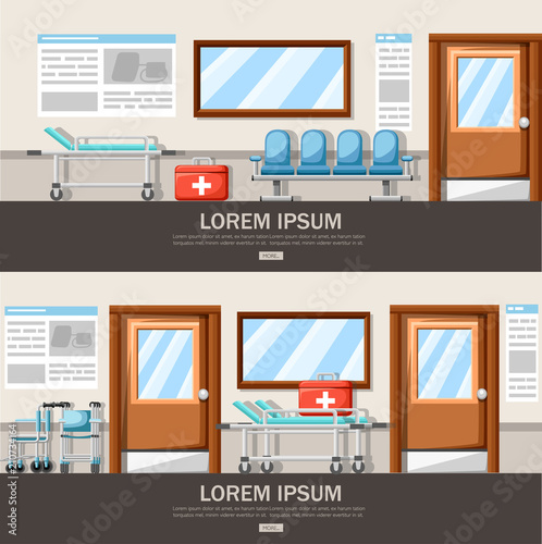 Empty hospital corridor. Clinic hallway interior with armchair in a row and hospital bed. First aid kit. Medical concept. Vector illustration. Web site page and mobile app design