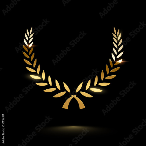 Golden shiny laurel wreath isolated on black background. Vector design element.