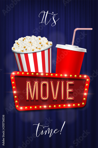 It's movie time banner template. Vector pop corn basket, cola cup and movie sign on blue curtain background.