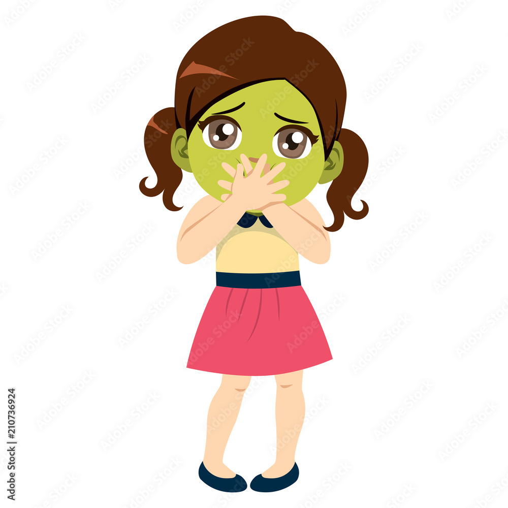 Cute little girl sick with nausea having green face expression feeling ill Cute little girl sick with nausea having green face expression feeling ill
