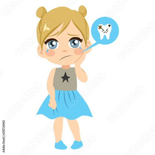 Unhappy crying little sad girl with hand on face in pain hurt with caries on teeth