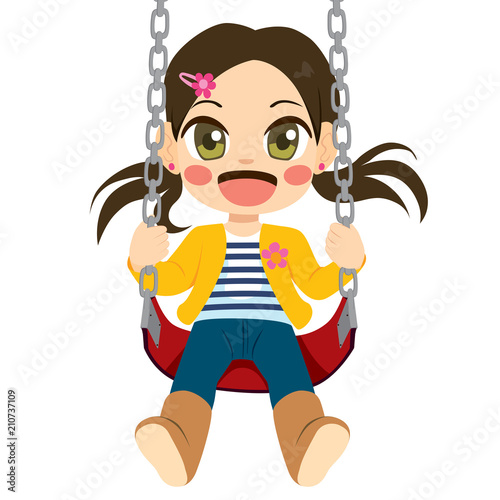 Cute little girl happy playing on swing having fun on playground