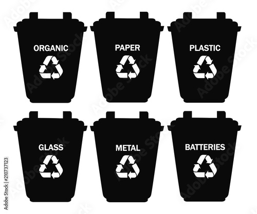 Collection of garbage cans with sorted garbage. Six containers for glass, metal, batteries, plastic, paper, organic. Ecology and recycle concept. Flat vector illustration isolated on white background