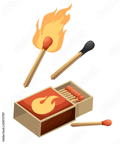 Collection of matches. Burning match with fire, opened matchbox, burnt matchstick. Flat design style. Vector illustration isolated on white background