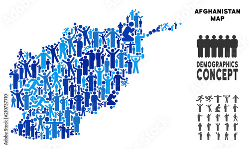 Vector population Afghanistan map. Demography collage of Afghanistan map created of people with different postures. Demographic map in blue hues. Abstract social plan of nation community cartography.