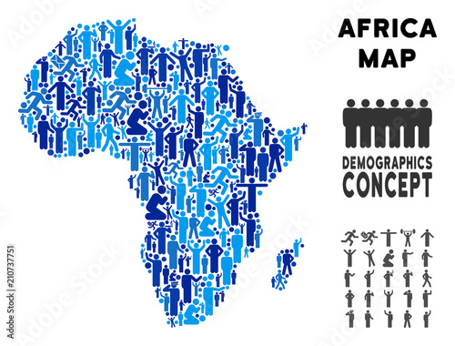 Vector population Africa map. Demography concept of Africa map designed of humans with variable postures. Demographic map in blue tints. Abstract social scheme of national group cartography.