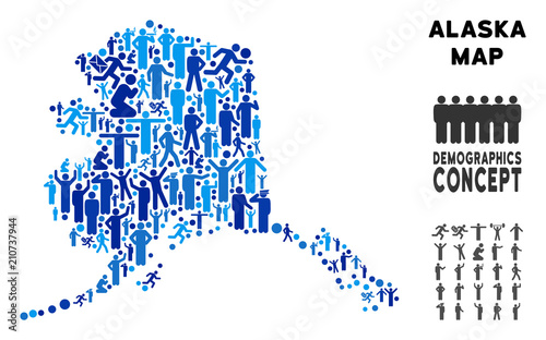 Vector population Alaska map. Demography collage of Alaska map constructed of persons with variable postures. Demographic map in blue tints. Abstract social plan of nation group cartography.