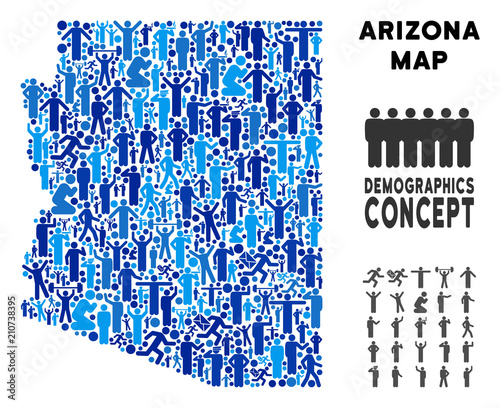 Vector population Arizona State map. Demography concept of Arizona State map made of men with different poses. Demographic map in blue variations.