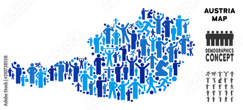Vector population Austria map. Demography mosaic of Austria map done of men with different positions. Demographic map in blue variations.