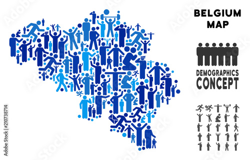 Vector population Belgium map. Demography composition of Belgium map done of crowd with variable postures. Demographic map in blue tinges.