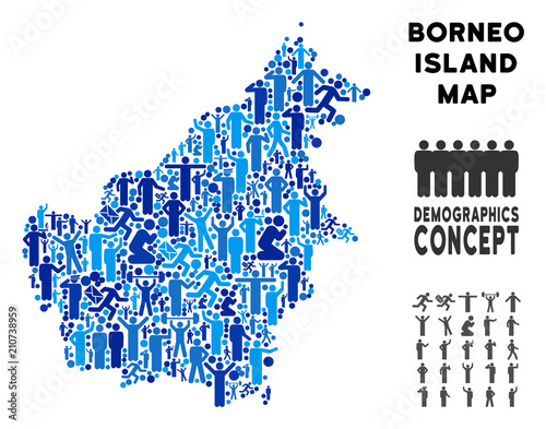 Vector population Borneo Island map. Demography concept of Borneo Island map composed of crowd with variable postures. Demographic map in blue variations.