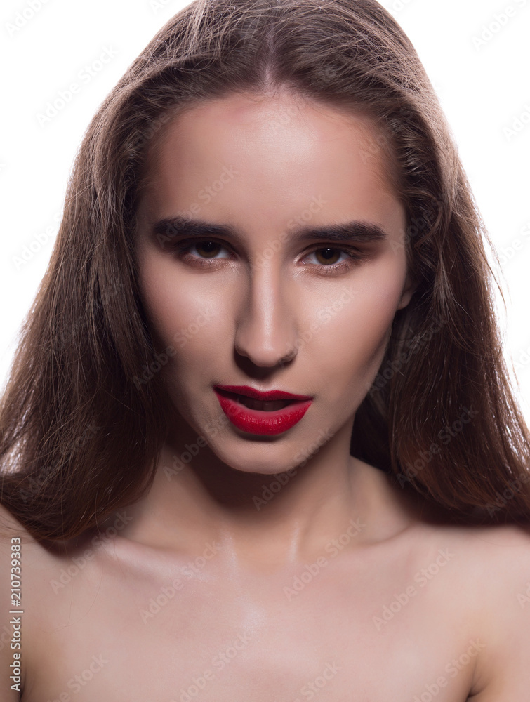 Closeup portrait of sexy brunette girl with bright makeup, posing on a white background Closeup portrait of sexy brunette girl with bright makeup, posing on a white background