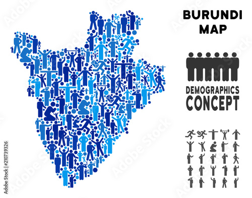 Vector population Burundi map. Demography mosaic of Burundi map made of people with different postures. Demographic map in blue variations. Abstract social plan of national public cartography.