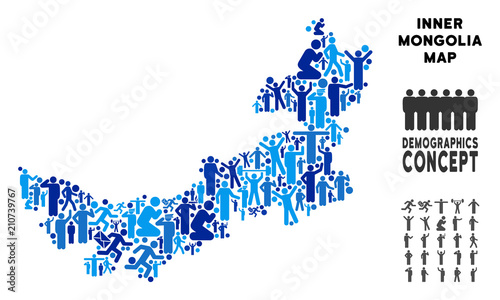 Vector population Chinese Inner Mongolia map. Demography concept of Chinese Inner Mongolia map done of persons with variable poses. Demographic map in blue shades.
