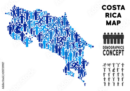Vector population Costa Rica map. Demography collage of Costa Rica map created of men with different poses. Demographic map in blue tints. Abstract social scheme of nation public cartography.