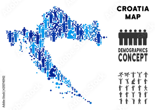 Vector population Croatia map. Demography mosaic of Croatia map created of people with variable poses. Demographic map in blue tints. Abstract social scheme of nation mass cartography.