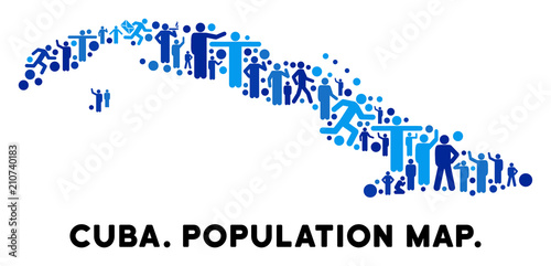 Vector population Cuba map. Demography abstraction of Cuba map designed of men with variable postures. Demographic map in blue tones. Abstract social scheme of national community cartography.