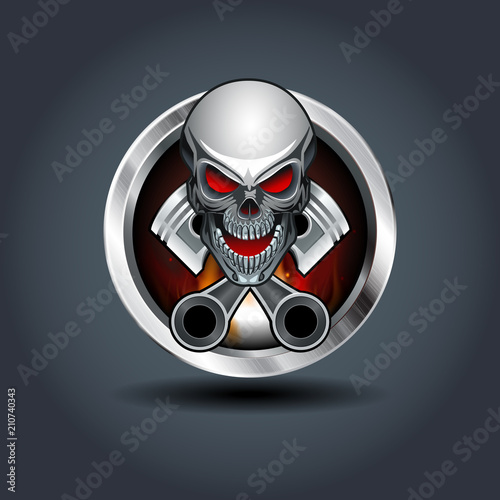 Skull and two pistons, steely rounded badge icon. For Ui/Game.