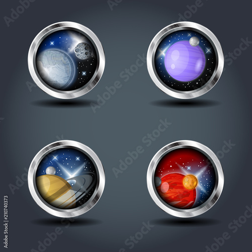 Planets set, steely rounded badge icon. For Ui/Game.
