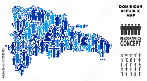 Vector population Dominican Republic map. Demography collage of Dominican Republic map created of men with different poses. Demographic map in blue tinges.