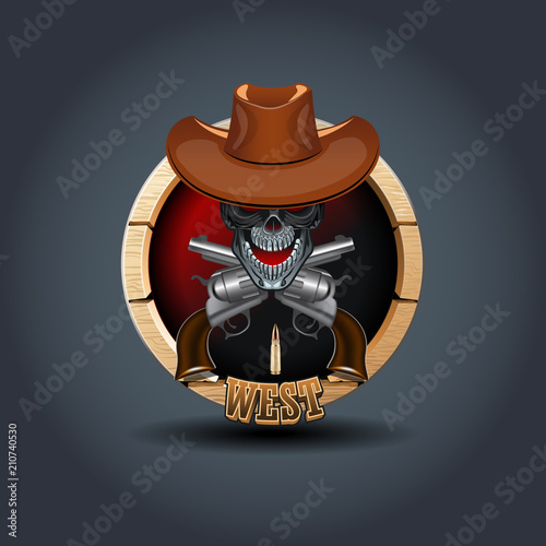 Cowboy skull, wooden rounded badge icon. For Ui/Game.