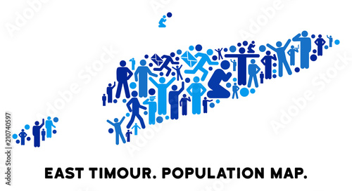 Vector population East Timour map. Demography collage of East Timour map created of crowd with different postures. Demographic map in blue tinges.