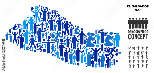 Vector population El Salvador map. Demography concept of El Salvador map composed of people with different postures. Demographic map in blue variations.