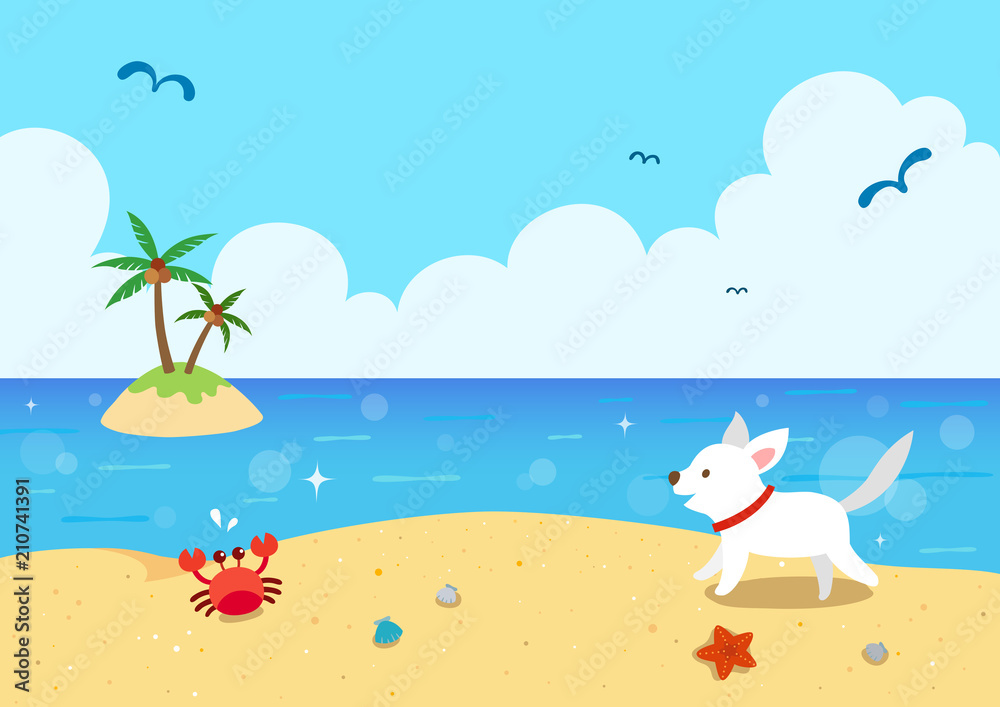 Cute dog running on the beach. Summer holiday landscape