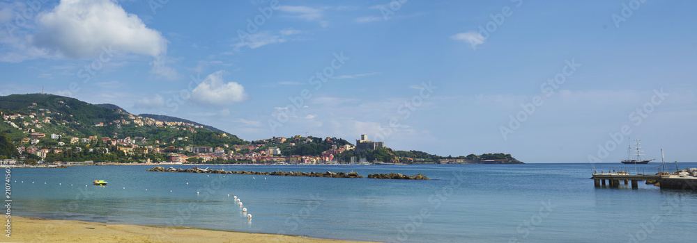 Panoramic View Of Lerici By Beautiful Weather With An Old Boat Parked In Bay San Terenzo Ligure Italy Panoramic View Of Lerici By Beautiful Weather With An Old Boat Parked In Bay San Terenzo Ligure Italy