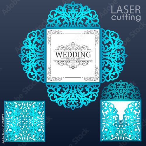 Laser cut square envelope with patterned corners. Template for wedding invitation card. Four fold laser cut template. Suitable for greeting cards, invitations, menus.