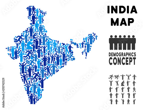 Vector population India map. Demography mosaic of India map composed of men with different positions. Demographic map in blue shades. Abstract social representation of nation public cartography.