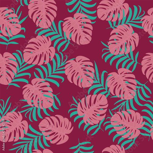 .vector Hawaiian tropical summer seamless pattern with leaves of a palm tree green on a pink background for printing clothes and textiles