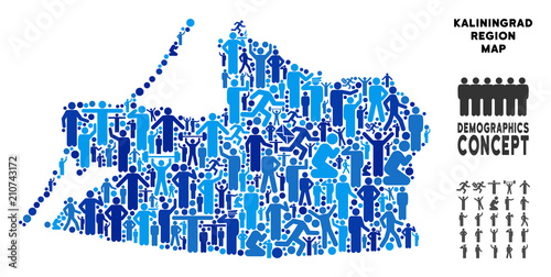 Vector population Kaliningrad Region map. Demography abstraction of Kaliningrad Region map combined of men with variable postures. Demographic map in blue tones.