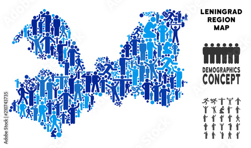 Vector population Leningrad Oblast map. Demography concept of Leningrad Oblast map done of humans with variable poses. Demographic map in blue hues.