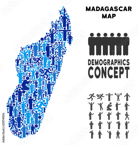 Vector population Madagascar Island map. Demography abstraction of Madagascar Island map designed of people with different postures. Demographic map in blue variations.