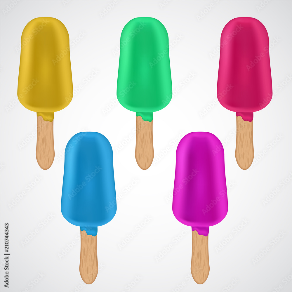 Refreshing ice cream desserts on sticks vector set isolated on white background. Hot weathher and summer holidays symbol with different fruity and flavor tastes. Delicious popsicles for kids. Refreshing ice cream desserts on sticks vector set isolated on white background. Hot weathher and summer holidays symbol with different fruity and flavor tastes. Delicious popsicles for kids.