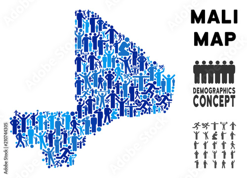 Vector population Mali map. Demography composition of Mali map designed of men with variable poses. Demographic map in blue tinges. Abstract social scheme of nation community cartography.