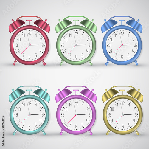 Vintage alarm clock realistic drawing vector set isolated on white. Metallic chrome brushed shell with bell caps. Deadline or being on time concept. Business accuracy, effective management.