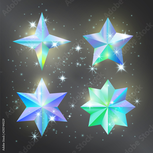 Decorative trophy crystal vector stars, metallic glow prizes with shining glittering golden mist on transparent background. Badge style design elements. Award winning symbols of success, victory point