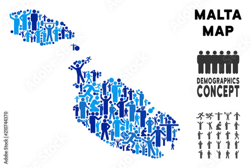 Vector population Malta Island map. Demography mosaic of Malta Island map done of persons with variable postures. Demographic map in blue variations.