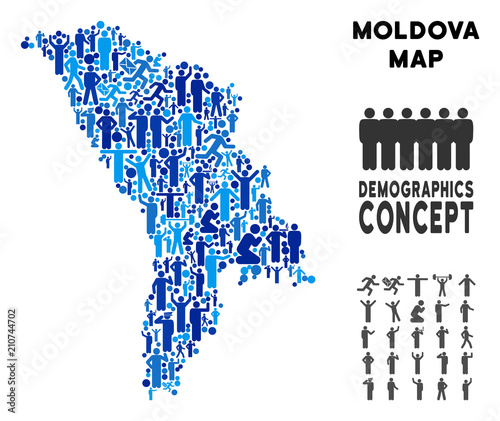 Vector population Moldova map. Demography abstraction of Moldova map combined of humans with different positions. Demographic map in blue tinges.